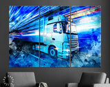 Night Truck Canvas Print // Modern High Speed Truck With Trailer in Motion With Technology Lights Background // Logistic & Transportation