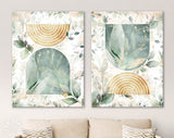 Watercolor & Gold Leaves Canvas Print // Mid Century Modern Boho Floral Wall Art / Green and Gold Leaves Abstract Geometric Wall Decor