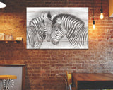 Zebras in Love Canvas Print // Zebra White Wood Background Canvas Print // Farmhouse Wall Decor // Cuddles Between Two Zebras // Love
