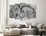 Zebras in Love Shadow Overlay Canvas Print // Black & White Couple of Zebras Wall Art // Cuddles Between Two Zebras // Animals in Love