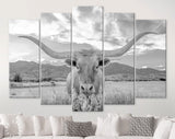 Longhorn Light Gray Canvas Print // Close-up Portrait of Texas Longhorn Cow // Black and White Home Decor // Neutral Farmhouse Wall Decor