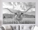 Longhorn Light Gray Canvas Print // Close-up Portrait of Texas Longhorn Cow // Black and White Home Decor // Neutral Farmhouse Wall Decor