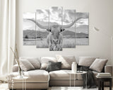 Longhorn Light Gray Canvas Print // Close-up Portrait of Texas Longhorn Cow // Black and White Home Decor // Neutral Farmhouse Wall Decor