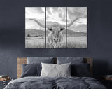 Longhorn Light Gray Canvas Print // Close-up Portrait of Texas Longhorn Cow // Black and White Home Decor // Neutral Farmhouse Wall Decor