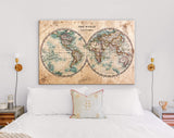 World Map Canvas Print / Genuine Old Stained World Map Dated From The Mid 1800's Showing Western And Eastern Hemispheres With Hand Colouring