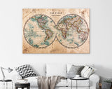 World Map Canvas Print / Genuine Old Stained World Map Dated From The Mid 1800's Showing Western And Eastern Hemispheres With Hand Colouring