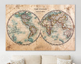 World Map Canvas Print / Genuine Old Stained World Map Dated From The Mid 1800's Showing Western And Eastern Hemispheres With Hand Colouring