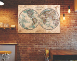 World Map Canvas Print / Genuine Old Stained World Map Dated From The Mid 1800's Showing Western And Eastern Hemispheres With Hand Colouring