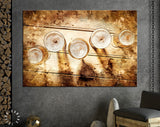 Beer Canvas Print // Glasses Of Beer On An Old Wooden Table Top View // Assortment of Beer Glasses // Pub Wall Decor // Man Cave Wall Art