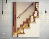 Kittens on the Stairs Canvas Print // Cat Mom and Kittens Canvas Wall Decor // Oil Painting Effect Wall Art