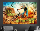 Downhill Canvas Print // Life Begins At The End Of Your Comfort Zone // MTB Mountain Biking Dusty Aggressive Turns Downhill Riding