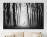 Deer in Forest Canvas Print // Silhouette of a Deer in the Dark Forest with Fog Canvas Wall Art // Mysterious Deer In A Dark Forest