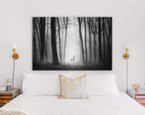 Deer in Forest Canvas Print // Silhouette of a Deer in the Dark Forest with Fog Canvas Wall Art // Mysterious Deer In A Dark Forest