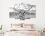 Longhorn Light Gray Canvas Print // Close-up Portrait of Texas Longhorn Cow // Black and White Home Decor // Neutral Farmhouse Wall Decor