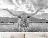 Longhorn Light Gray Canvas Print // Close-up Portrait of Texas Longhorn Cow // Black and White Home Decor // Neutral Farmhouse Wall Decor