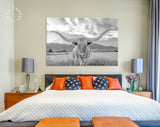 Longhorn Light Gray Canvas Print // Close-up Portrait of Texas Longhorn Cow // Black and White Home Decor // Neutral Farmhouse Wall Decor