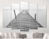 Old Bridge Canvas Print // Black and White Picture of Old Wooden Jetty to the Sea // Black and White Canvas Wall Art