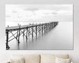 Beach Wooden Pier Canvas Print // Black and White Picture of Old Wooden Jetty to the Sea // Black and White Canvas Wall Art // Calm Sea Pier