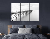 Beach Wooden Pier Canvas Print // Black and White Picture of Old Wooden Jetty to the Sea // Black and White Canvas Wall Art // Calm Sea Pier