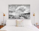 Ocean Sunset Canvas Print // Black and White Long Exposure Rocky Coast Ocean Wave Canvas Wall Decor // Black and White Sea Canvas Wall Art