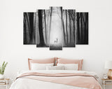 Deer in Forest Canvas Print // Silhouette of a Deer in the Dark Forest with Fog Canvas Wall Art // Mysterious Deer In A Dark Forest