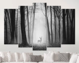 Deer in Forest Canvas Print // Silhouette of a Deer in the Dark Forest with Fog Canvas Wall Art // Mysterious Deer In A Dark Forest