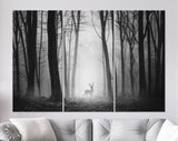 Deer in Forest Canvas Print // Silhouette of a Deer in the Dark Forest with Fog Canvas Wall Art // Mysterious Deer In A Dark Forest