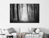 Deer in Forest Canvas Print // Silhouette of a Deer in the Dark Forest with Fog Canvas Wall Art // Mysterious Deer In A Dark Forest