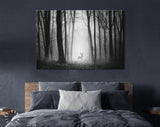 Deer in Forest Canvas Print // Silhouette of a Deer in the Dark Forest with Fog Canvas Wall Art // Mysterious Deer In A Dark Forest