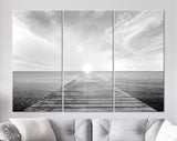 Old Bridge to the Sea Canvas Print // Black and White Picture of Old Wooden Jetty to the Sea // Black and White Canvas Wall Art // Calm Sea