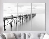 Beach Wooden Pier Canvas Print // Black and White Picture of Old Wooden Jetty to the Sea // Black and White Canvas Wall Art // Calm Sea Pier