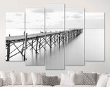 Beach Wooden Pier Canvas Print // Black and White Picture of Old Wooden Jetty to the Sea // Black and White Canvas Wall Art // Calm Sea Pier