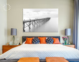 Beach Wooden Pier Canvas Print // Black and White Picture of Old Wooden Jetty to the Sea // Black and White Canvas Wall Art // Calm Sea Pier